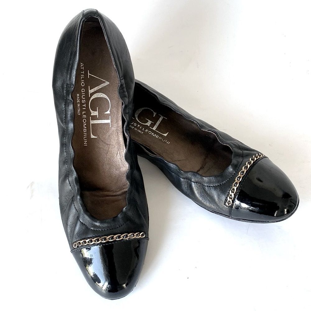 AGL Sport Black Leather & Patent Ballet Flats Gold Chain Accent US 9.5 Feminine